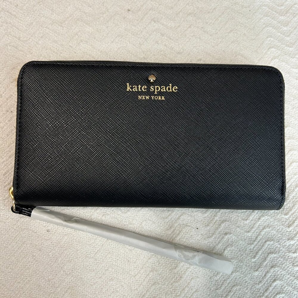 Kate Spade New York "Talk is Chic" Wristlet. Black Saffiano Crossgrain Leather.